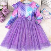 Resim Kızlar için Yuvarlak Yaka Denizkızı Fiyonklu Çift Katmanlı File Kollu Elbise 