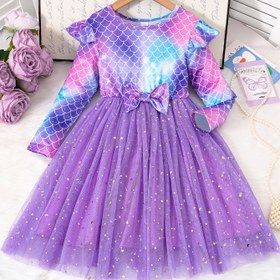 Resim Kızlar için Yuvarlak Yaka Denizkızı Fiyonklu Çift Katmanlı File Kollu Elbise 