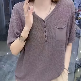 Resim Yeni Moda Batı Tarzı Kadınlar İçin Yazlık Düğmeli Buz Slick Fiber Kumaş Gömlek Gevşek Fit Düz Renk T-Shirt Üst 