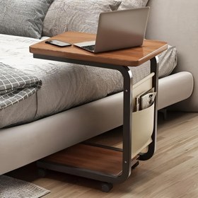 Resim Depolama Çantalı Kahverengi Yuvarlanabilir Yan Masa - Sağlam Ahşap Kafe Masası, Kanepa ve Yatak Başucu için C Şekilli Masa, Metal Çerçeve Özellikli Masa, Sessiz 360° Döner Tekerlekler, Oturma Odası, Karavanlar vb. İçin Uygun 