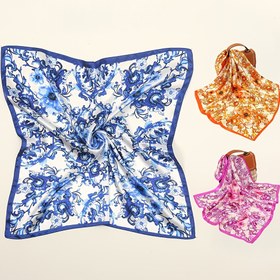 Resim Çiçek Desenli 60 Kare Eşarp Moda Boyun Dekoratif Sarma Eşarplı 
