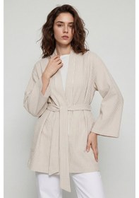 Resim Saade Sââde Kadın Dikey Çizgili Geniş Kollu Şık Yazlık Relaxed Kimono Bej 