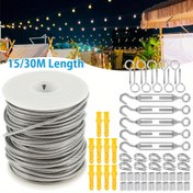 Resim 304 Paslanmaz Çelik Kablo Tel, PVC Kaplama ile - 15/30m Uzunluk, Çok Renkli Çizgiler ve Altın Tonlu Metal Klipsler, Bahçe Tel Çit Railing, Açık Hava Çadır Kablo Temizliği, Dayanıklı ve Güvenilir Yapı, Açık Hava Kablo Tel, Sağlam Kelepçeli Bağlantılar 