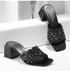 Resim Kadın Siyah Taş Detaylı Topuklu Terlik Siyah 