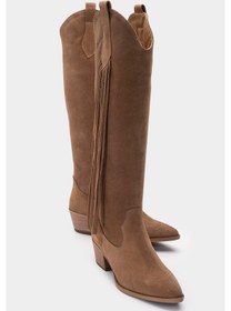 Resim Luvi Shoes Rios Toprak Hakiki Deri Süet Püsküllü Kadın Kalın Topuklu Çizme Toprak 