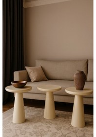 Resim Wood Ahşap Mantar Sehpa 3 Lü Krem Renk - Coffee Table - Zigon Sehpa Bej 