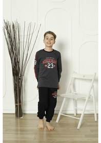 Resim Yeni Sezon Erkek Çocuk Gez Garson Uzun Kollu Pamuk Penye Pijama Takımı 5084-füme Füme 