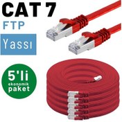 Resim 5 adet IRENIS CAT7 Kablo Yassı FTP Ethernet Kablosu, 2 mt Kırmızı 