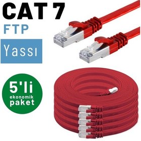 Resim 5 adet IRENIS CAT7 Kablo Yassı FTP Ethernet Kablosu, 2 mt Kırmızı 