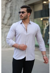 Resim Erkek Çizgi Desenli Uzun Kollu Pamuklu Keten Gömlek Taba 