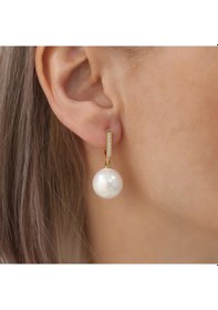Resim 925 Ayar Gümüş Taş Detaylı Creamrose Tatlısu İncisi Küpe-14mm 