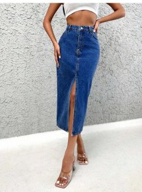 Resim Kadın Denim Esnek Kumaş Yırtmaçlı Uzun Etek Koyu Mavi 