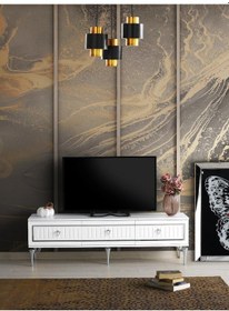 Resim 150 CM KLAS METAL AYAK MDF MEBRAN KAPAK TV SEHPASI BEYAZ GÜMÜŞ 