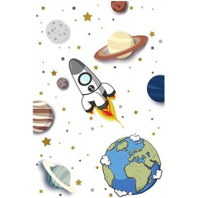 Resim Dijital Baskılı Beyaz Gezegen Desenli Dekoratif Yıkanabilir Kaymaz Taban Çocuk Halısı Çok Renkli 