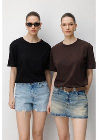 Resim Mixray 48511 Kadın Oversize Basic %100 Pamuk 2 Li T-shirt Siyah Kahve Siyah - Kahverengi 
