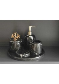 Resim Toros Siyahı Mermer 5'li Banyo Seti Gold Mercan Aksesuarlı Beyaz 