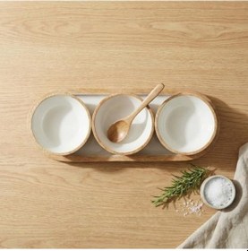 Resim Mango Ağacı Standlı 3'lü Kase Seti - İçi Kaplama Doğal Ahşap Çerezlik Ve Sosluk - 30 Cm Sunum Tepsili Dekoratif Set Düz Desen Açik Gri 