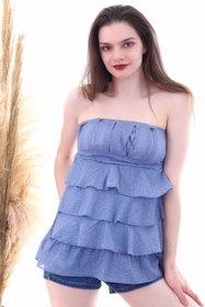 Resim Cotton Mood 20053022 Straplez Nervürlü Eteği Kat Kat Fırfırlı Bluz Indıgo 