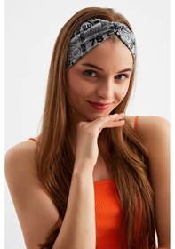 Resim Kadın Çapraz Bağlamalı Pamuklu Penye, Kaymaz, Yumuşak, Esnek, Saç Bandı Bandana - Tek Ebat / Gri Desen Gri Desen 
