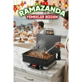 Resim Milan Büyük Boy XXL Bazlama Granit Tepsili Lahmacun Elektrikli Izgara Tost Makinesi 5 Kat Granit Kaplama (Tepsili Model) 