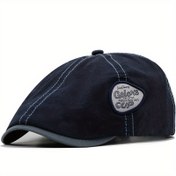 Resim Erkekler İçin Vintage Yıkanmış Düz Şapka - Ayarlanabilir Snapback Kapatma, %100 Polyester, Lacivert Beyaz Kontrast Dikişli ve Dairesel Logo, Yazlık Güneşlik Dış Mekan Aktiviteler için Rahat Şapka 