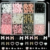 Resim 12 Grid 3D Tırnak Elmas Tırnak Sanatı Süslemeleri Kiti - Düzback Kalp İncileri Taşlar ve Yay Şansları (Siyah/Beyaz/Pembe) Akrilik Jel Tırnaklar için, DIY Manikür - Pense ve Nokta Kalemi Dahil, Salon Malzemeleri 