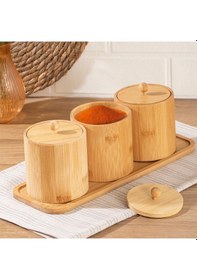 Resim Porsima Pbt-604 Bambu Çok Amaçlı Standlı Saklama Kabı Organizer 4 Parça Baharat Seti Bambu 