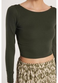 Resim Tudors Kadın Slim Fit Dar Kesim Modal Kumaş Uzun Kollu Bisiklet Yaka Haki Bluz-33728 haki 