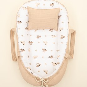 Resim Babynest ve Yastık- Çift Taraflı - Bej Petek - Kahverengi Arabalar 