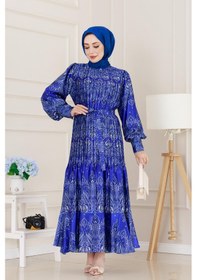 Resim Sevitli Piliseli Eteği Volanlı Saten Mona Elbise-saks Mavisi-5075 Saks Mavisi 