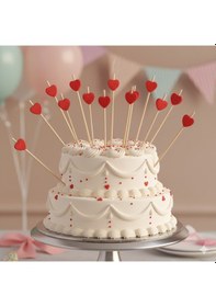 Resim Uzun Kürdan Bambu Süslü Kırmızı Kalp 12'li Pasta Ve Sunum Kürdanı 