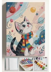 Resim Sayılarla Boyama Çerçeveli Hobi Seti Numaralı Tuval Fırça Boya Dahil Kasnaklı Kış Ve Kedi 40x50 Cm 