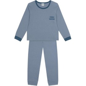 Resim Antebies Organik Mavi Waffle Cuddle Weather Nakışlı Beli Lastikli Uzun Kollu Erkek Çocuk Pijama Takımı 