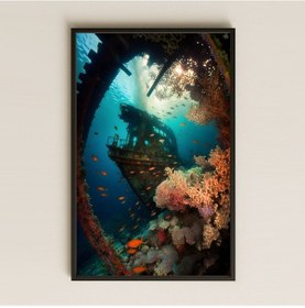 Resim Gemi Enkazı Ve Mercanlar Temalı Derin Deniz Pleksi Tablo 