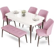 Resim Canisa Concept Aya Serisi 80 x 132 cm Beyaz Masa Ceviz Ayak Mutfak Masa Takımı 4 Sandalye 1 Bench 