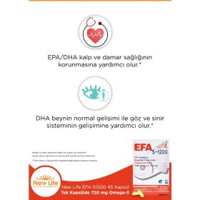Resim New Life Efa S 1200 Balık Yağı 45 Kapsül Türkiye Menşeli Omega 3 İçeren Takviye Edici Gıda 