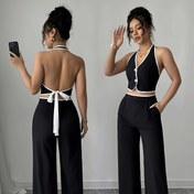 Resim 2 adet Kadınların Zarif Düz Renk Kısa Kollu Crop Top ve Pantolon Seti - Düğme Detayı, Yüksek Bel Geniş Bacaklı Pantolon, Bahar/Yaz İş Günü Kıyafeti, Rahat Kıyafet|Zarif Kıyafet|Düğme Detayı Üst 