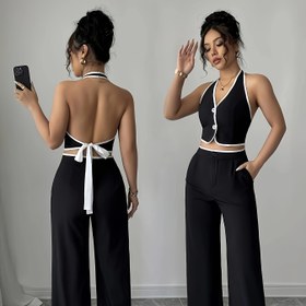 Resim 2 adet Kadınların Zarif Düz Renk Kısa Kollu Crop Top ve Pantolon Seti - Düğme Detayı, Yüksek Bel Geniş Bacaklı Pantolon, Bahar/Yaz İş Günü Kıyafeti, Rahat Kıyafet|Zarif Kıyafet|Düğme Detayı Üst 