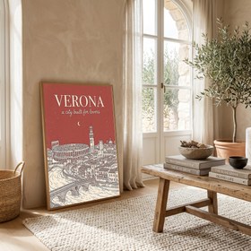 Resim Verona Line Art Print - Rust Arena Ponte Pietra Skyline Wall Art - Wooden Frame - Natural / 20 x 28" (50x70 cm) 
