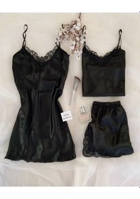 Resim 3'lü Siyah Pırlanta Saten Çeyiz Seti Siyah 