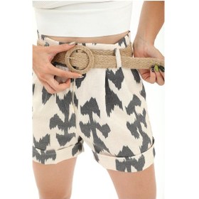 Resim Hasır Kemer Baskılı Keten Şort - Siyah-siyah Siyah 