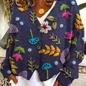 Resim Renkli Çiçek Desenli V Yaka Kardigan, Vintage Kır Stili Kadın Kazak Üst 
