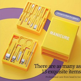 Resim 13 parça Klasik Paslanmaz Çelik Tırnak Bakım Seti, Makyaj Aynası Tasarımı ile, Konkav Bıçaklar, Kokusuz Tırnak Makasları ve Makaslar, Taşınabilir Seyahat Kutusu ile birlikte gelir, Tırnak Teknolojisi Malzemeleri 