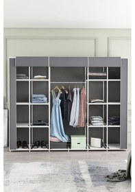 Resim Çok Amaçlı Bez Dolap 18 Raflı Hangar Boy Gardırop Gri Gri 