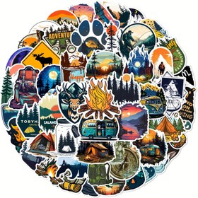Resim 50 adet Su Geçirmez Vinil Kamp Stickerları - Su Şişeleri, Bagaj & Telefon Kılıfları için Dış Mekan Macera Çıkartmaları, Dayanıklı & Canlı Orman, Dağ & Çadır Tasarımları 