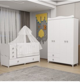 Resim Melina Yıldız 4 Kapaklı Dolap Takım + Yatak + Uyku Seti - Gri Beyaz 