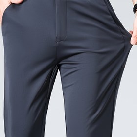 Resim Erkekler için Rahat Kesim, Deniz Mavisi Elbise Pantolonları - Esnek Spandex Karışımı, Düğmeli, Orta Yükseklik, Tüm Mevsimler İçin İş Giyimi, Ofis Kıyafeti|Rahat Kesim Pantolonları|Şık Bel Bandı 
