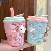 Resim Sanrio sevimli su bardağı sevimli çıkartmalı pipet ile birlikte, iş, okuma ve ev kullanımı için uygun büyük kapasiteli kahve sütü bardağı 