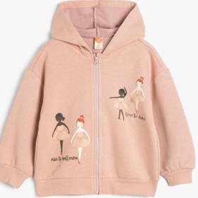 Resim Kız Bebek Kapşonlu Sweatshirt Fermuarlı Uzun Kollu Balerin Baskı Detaylı Şardonlu 