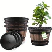 Resim 3 adet Whiskey Barrel Planters, Drenaj Delikleri ve Tabaklar ile - Vintage Kahverengi Plastik İmitasyon Şarap Kasesi Tasarımı, İç/Dış Mekan Bahçesi, Ev Bitkileri, Dayanıklı ve Şık Dekor, İç Mekan Planters, Dış Mekan Planters, Rustik Estetik, Dayanıklı Yapı 